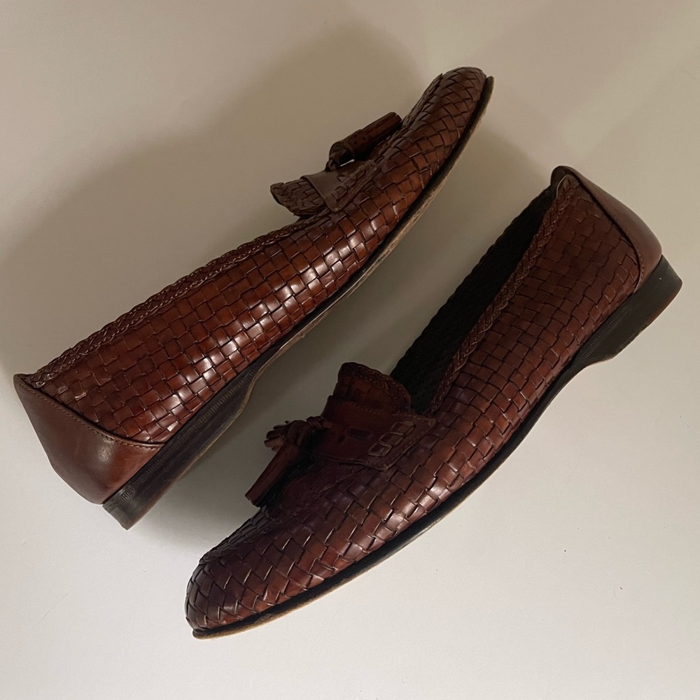 Cole Haan Brown Woven Leather Tassel Loafers - Picture 2 of 10